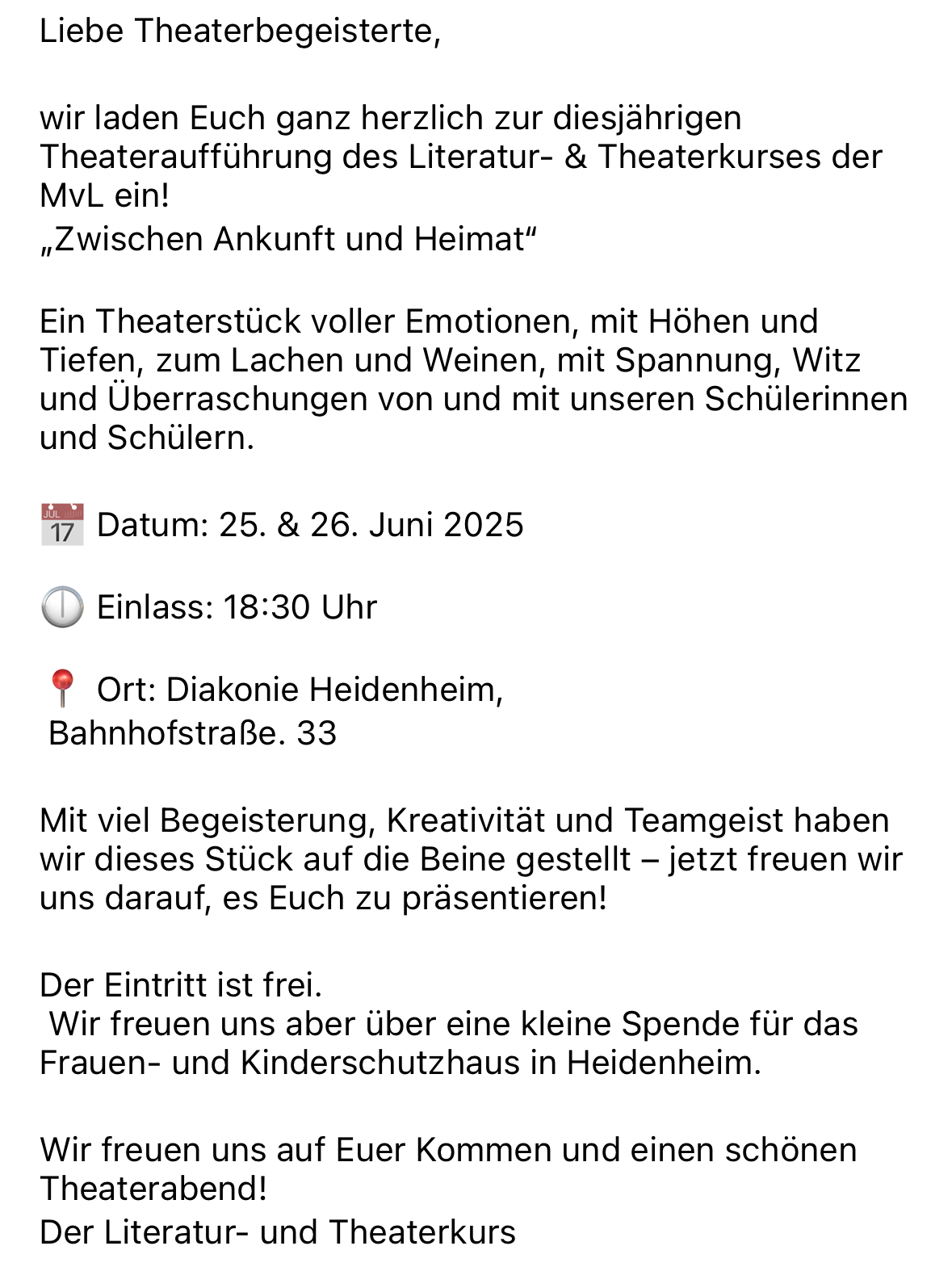 Theateraufführung Einladung 2025